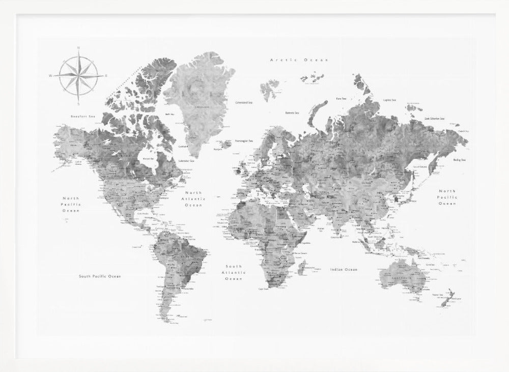 A framed, modern world map presented in a monochrome palette of black, white, and various shades of gray. The landmasses feature a detailed, textured design, set against a clean white background for the oceans. A compass rose is visible in the top left corner. The map is enclosed within a simple, light gray frame. Poster