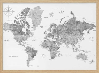 A framed, modern world map presented in a monochrome palette of black, white, and various shades of gray. The landmasses feature a detailed, textured design, set against a clean white background for the oceans. A compass rose is visible in the top left corner. The map is enclosed within a simple, light gray frame. Poster