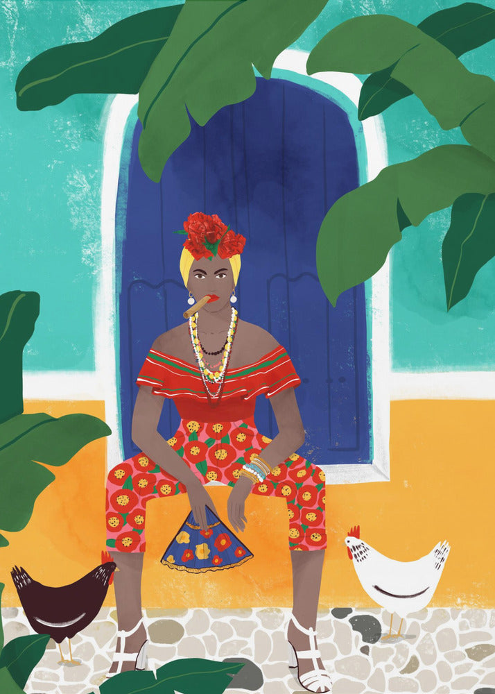 A vibrant, framed illustration of a stylish Black woman smoking a cigar. She sits in front of a blue door on a colorful turquoise and yellow building, wearing a red top, floral pants, and flowers in her hair. Two chickens stand at her feet on a cobblestone path, and large green leaves frame the scene. Decor