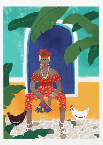 A vibrant, framed illustration of a stylish Black woman smoking a cigar. She sits in front of a blue door on a colorful turquoise and yellow building, wearing a red top, floral pants, and flowers in her hair. Two chickens stand at her feet on a cobblestone path, and large green leaves frame the scene. Decor