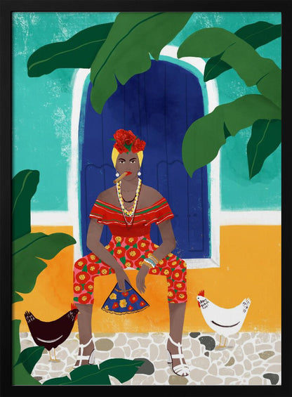 A vibrant, framed illustration of a stylish Black woman smoking a cigar. She sits in front of a blue door on a colorful turquoise and yellow building, wearing a red top, floral pants, and flowers in her hair. Two chickens stand at her feet on a cobblestone path, and large green leaves frame the scene. Decor