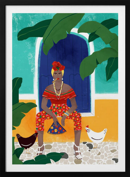 A vibrant, framed illustration of a stylish Black woman smoking a cigar. She sits in front of a blue door on a colorful turquoise and yellow building, wearing a red top, floral pants, and flowers in her hair. Two chickens stand at her feet on a cobblestone path, and large green leaves frame the scene. Decor
