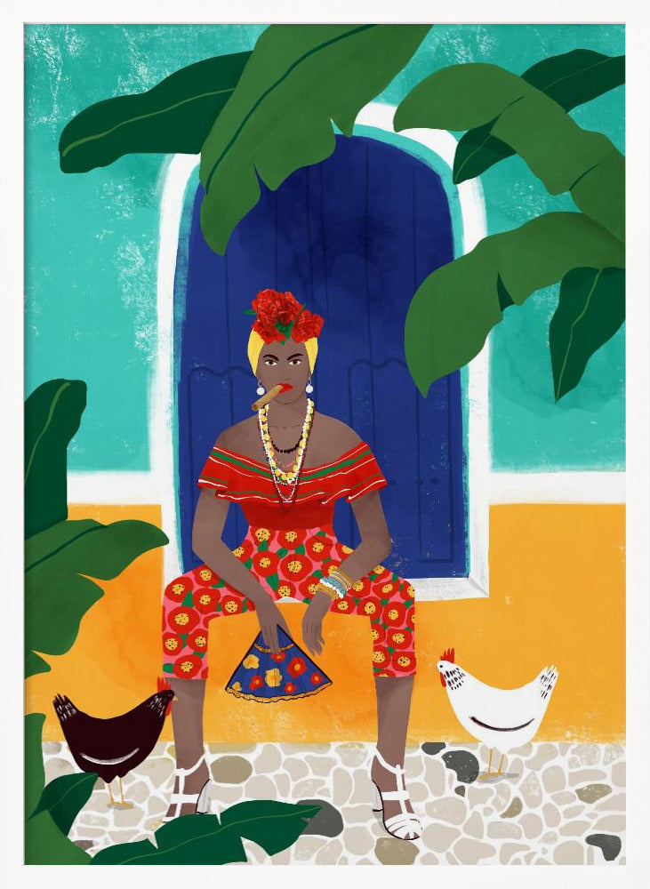 A vibrant, framed illustration of a stylish Black woman smoking a cigar. She sits in front of a blue door on a colorful turquoise and yellow building, wearing a red top, floral pants, and flowers in her hair. Two chickens stand at her feet on a cobblestone path, and large green leaves frame the scene. Decor