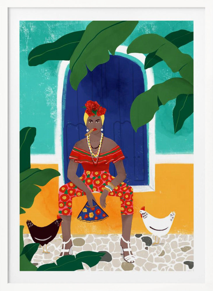 A vibrant, framed illustration of a stylish Black woman smoking a cigar. She sits in front of a blue door on a colorful turquoise and yellow building, wearing a red top, floral pants, and flowers in her hair. Two chickens stand at her feet on a cobblestone path, and large green leaves frame the scene. Decor