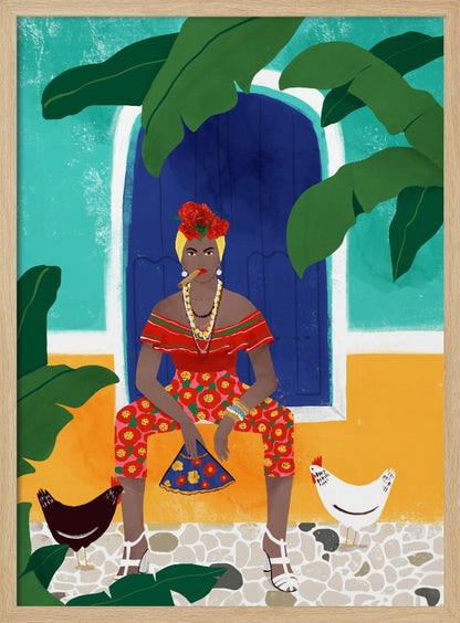 A vibrant, framed illustration of a stylish Black woman smoking a cigar. She sits in front of a blue door on a colorful turquoise and yellow building, wearing a red top, floral pants, and flowers in her hair. Two chickens stand at her feet on a cobblestone path, and large green leaves frame the scene. Decor