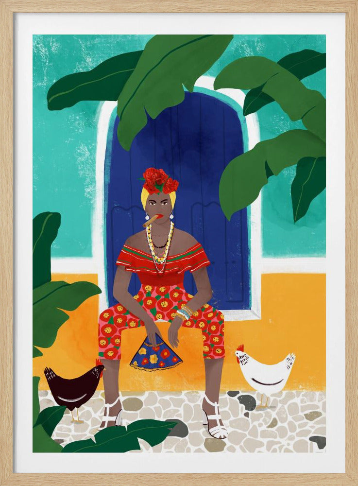A vibrant, framed illustration of a stylish Black woman smoking a cigar. She sits in front of a blue door on a colorful turquoise and yellow building, wearing a red top, floral pants, and flowers in her hair. Two chickens stand at her feet on a cobblestone path, and large green leaves frame the scene. Decor
