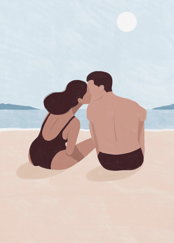 A minimalist illustration of a couple kissing on a sandy beach. The woman, with dark hair and a black swimsuit, and the man, with dark swim trunks, sit with their backs to the viewer, looking out at the calm blue ocean and distant hills under a pale sun. Print