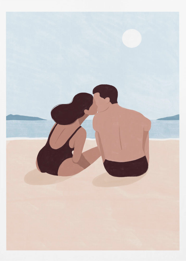 A minimalist illustration of a couple kissing on a sandy beach. The woman, with dark hair and a black swimsuit, and the man, with dark swim trunks, sit with their backs to the viewer, looking out at the calm blue ocean and distant hills under a pale sun. Print
