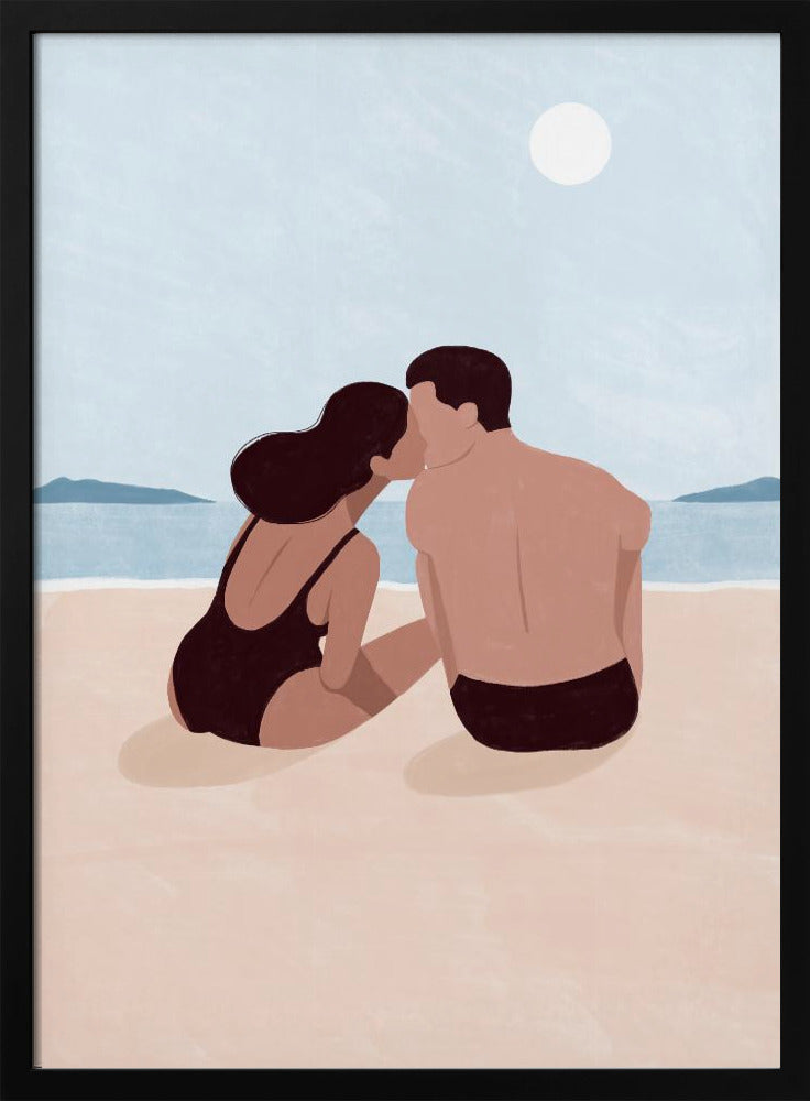 A minimalist illustration of a couple kissing on a sandy beach. The woman, with dark hair and a black swimsuit, and the man, with dark swim trunks, sit with their backs to the viewer, looking out at the calm blue ocean and distant hills under a pale sun. Print