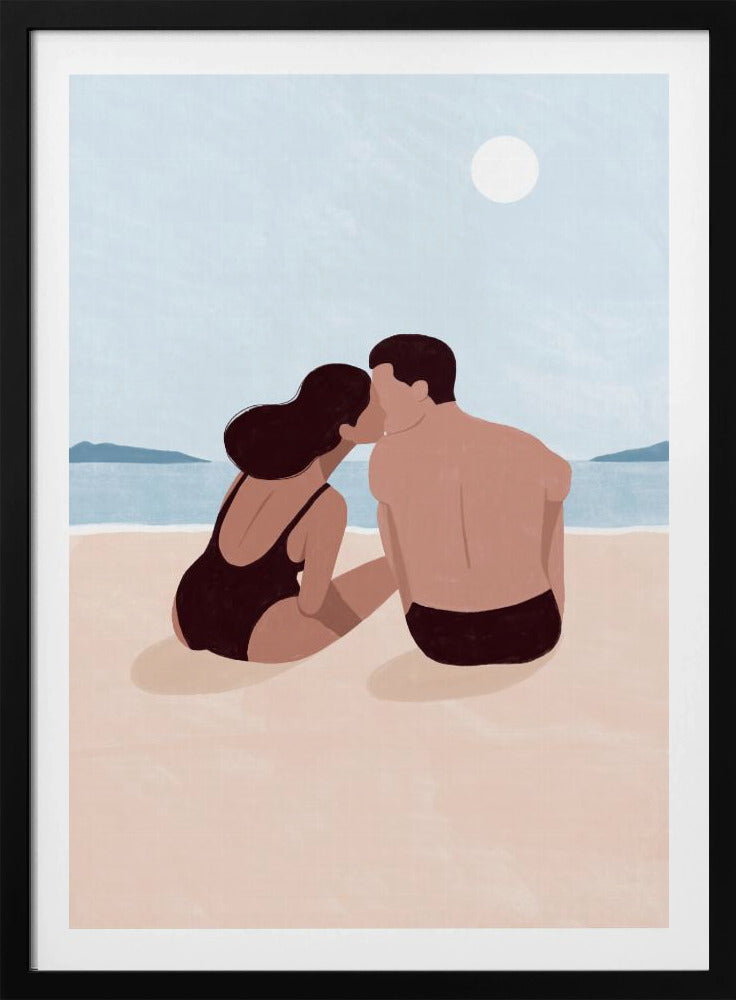 A minimalist illustration of a couple kissing on a sandy beach. The woman, with dark hair and a black swimsuit, and the man, with dark swim trunks, sit with their backs to the viewer, looking out at the calm blue ocean and distant hills under a pale sun. Print