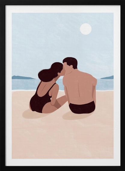 A minimalist illustration of a couple kissing on a sandy beach. The woman, with dark hair and a black swimsuit, and the man, with dark swim trunks, sit with their backs to the viewer, looking out at the calm blue ocean and distant hills under a pale sun. Print