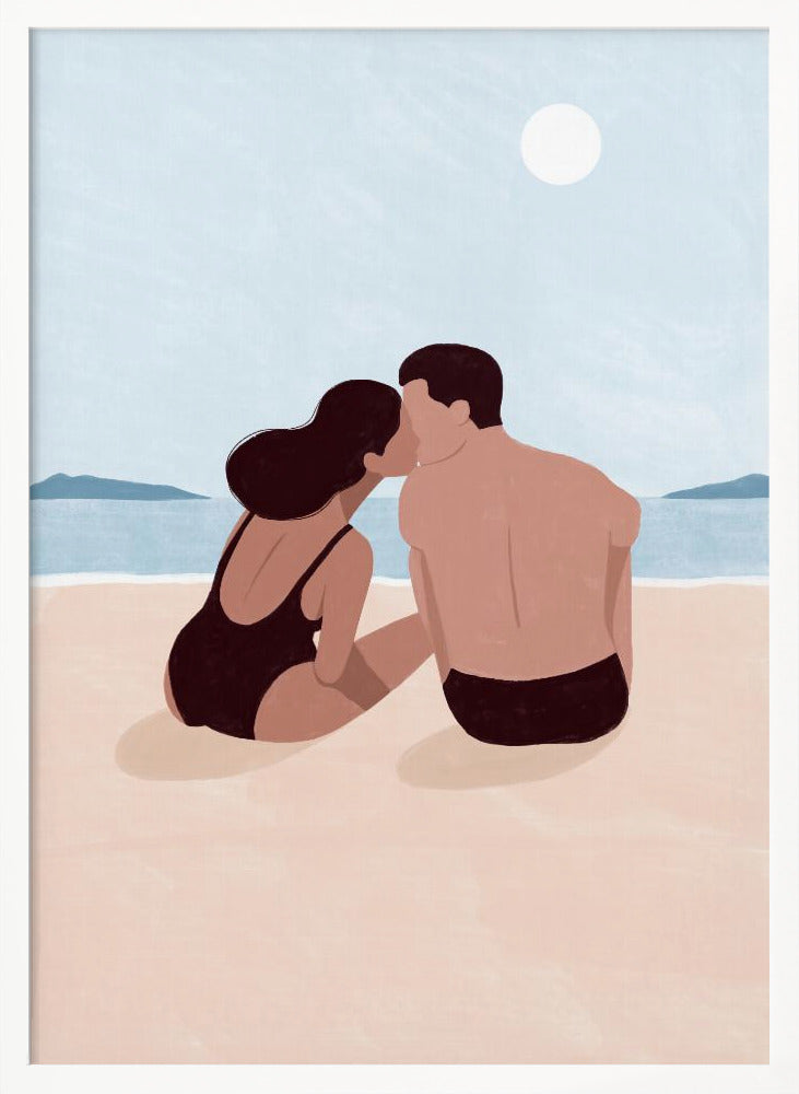 A minimalist illustration of a couple kissing on a sandy beach. The woman, with dark hair and a black swimsuit, and the man, with dark swim trunks, sit with their backs to the viewer, looking out at the calm blue ocean and distant hills under a pale sun. Print