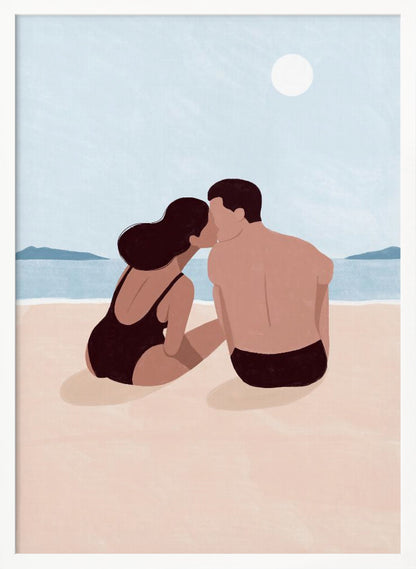 A minimalist illustration of a couple kissing on a sandy beach. The woman, with dark hair and a black swimsuit, and the man, with dark swim trunks, sit with their backs to the viewer, looking out at the calm blue ocean and distant hills under a pale sun. Print