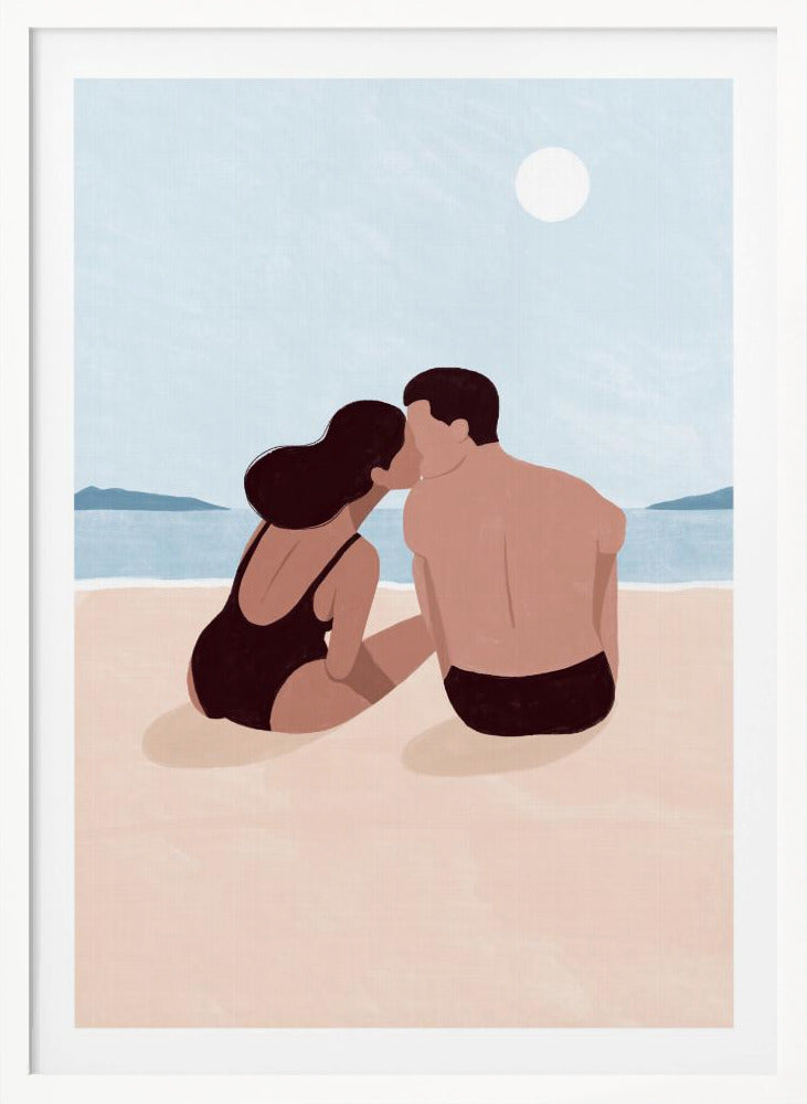 A minimalist illustration of a couple kissing on a sandy beach. The woman, with dark hair and a black swimsuit, and the man, with dark swim trunks, sit with their backs to the viewer, looking out at the calm blue ocean and distant hills under a pale sun. Print