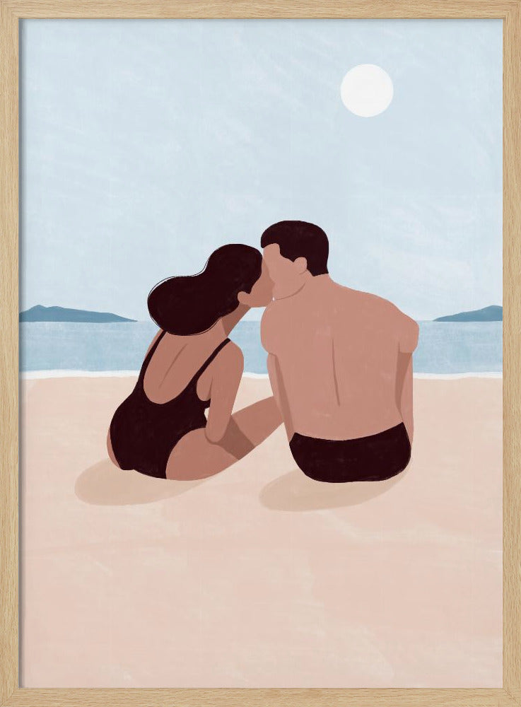 A minimalist illustration of a couple kissing on a sandy beach. The woman, with dark hair and a black swimsuit, and the man, with dark swim trunks, sit with their backs to the viewer, looking out at the calm blue ocean and distant hills under a pale sun. Print
