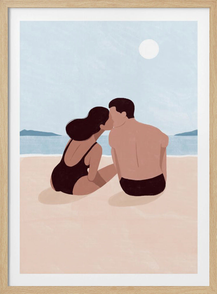 A minimalist illustration of a couple kissing on a sandy beach. The woman, with dark hair and a black swimsuit, and the man, with dark swim trunks, sit with their backs to the viewer, looking out at the calm blue ocean and distant hills under a pale sun. Print