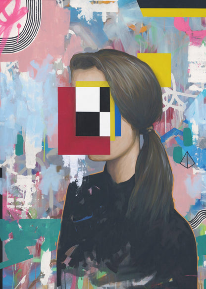 A modern abstract portrait of a woman in profile with her face obscured by a collage of red, yellow, blue, black, and white geometric shapes. She has brown hair in a ponytail and wears a black shirt, set against a vibrant, graffiti-style background of pink, blue, and teal brushstrokes. Decor