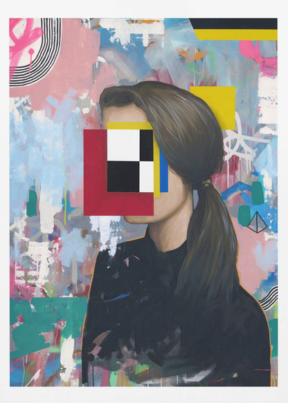 A modern abstract portrait of a woman in profile with her face obscured by a collage of red, yellow, blue, black, and white geometric shapes. She has brown hair in a ponytail and wears a black shirt, set against a vibrant, graffiti-style background of pink, blue, and teal brushstrokes. Decor