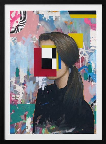 A modern abstract portrait of a woman in profile with her face obscured by a collage of red, yellow, blue, black, and white geometric shapes. She has brown hair in a ponytail and wears a black shirt, set against a vibrant, graffiti-style background of pink, blue, and teal brushstrokes. Decor