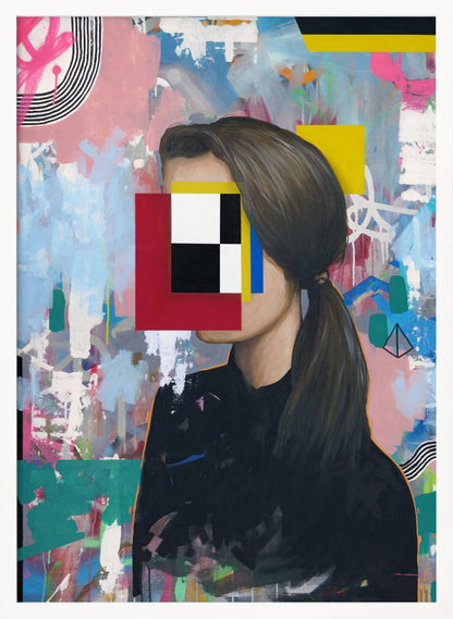 A modern abstract portrait of a woman in profile with her face obscured by a collage of red, yellow, blue, black, and white geometric shapes. She has brown hair in a ponytail and wears a black shirt, set against a vibrant, graffiti-style background of pink, blue, and teal brushstrokes. Decor