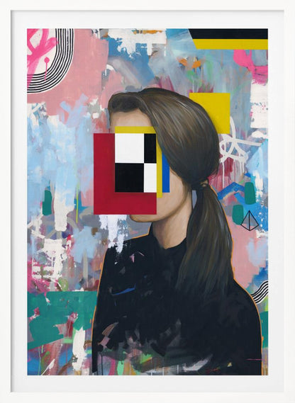 A modern abstract portrait of a woman in profile with her face obscured by a collage of red, yellow, blue, black, and white geometric shapes. She has brown hair in a ponytail and wears a black shirt, set against a vibrant, graffiti-style background of pink, blue, and teal brushstrokes. Decor