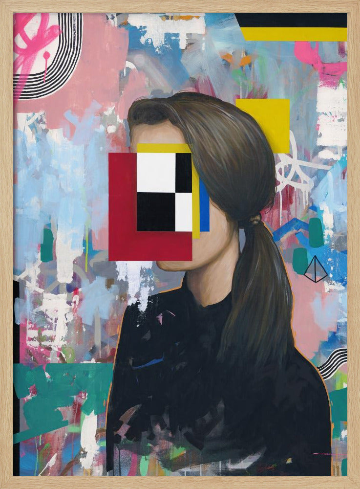 A modern abstract portrait of a woman in profile with her face obscured by a collage of red, yellow, blue, black, and white geometric shapes. She has brown hair in a ponytail and wears a black shirt, set against a vibrant, graffiti-style background of pink, blue, and teal brushstrokes. Decor