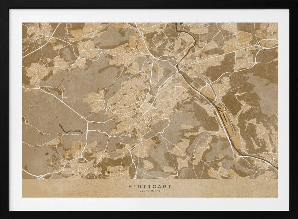 A framed, stylized map of Stuttgart, Germany, in shades of brown and beige. Major roads and waterways are highlighted in a contrasting cream color, creating a detailed and modern look. The city name 'STUTTGART' is written at the bottom. The entire map is enclosed in a simple silver-colored frame. Poster