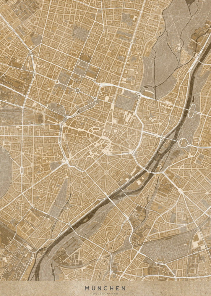 A vintage-style map of Munich, Germany, displayed in a black frame. The map is rendered in shades of brown and beige, with roads and rivers highlighted in white, creating a detailed and artistic representation of the city's layout. At the bottom, the words 'MÜNCHEN' and 'DEUTSCHLAND' are printed. Poster