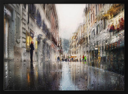 An impressionistic painting of a city street on a rainy day, viewed as if through a window covered in water droplets. The scene is blurred and atmospheric, with the wet pavement reflecting the muted colors of the buildings and distant figures. The artwork is presented in a silver frame. Decor
