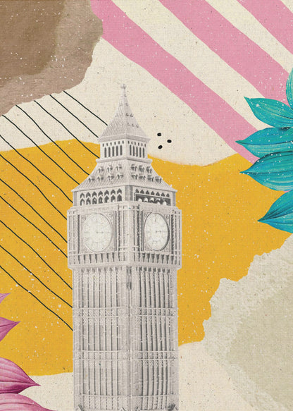A modern art collage featuring a black and white cutout of London's Big Ben clock tower. The background is a mix of textures and patterns, including a mustard yellow section with black lines, pink and white diagonal stripes, and torn paper effects in brown and off-white. The composition is embellished with vibrant teal and pink leaves. Poster
