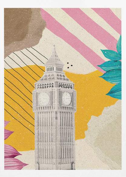 A modern art collage featuring a black and white cutout of London's Big Ben clock tower. The background is a mix of textures and patterns, including a mustard yellow section with black lines, pink and white diagonal stripes, and torn paper effects in brown and off-white. The composition is embellished with vibrant teal and pink leaves. Poster
