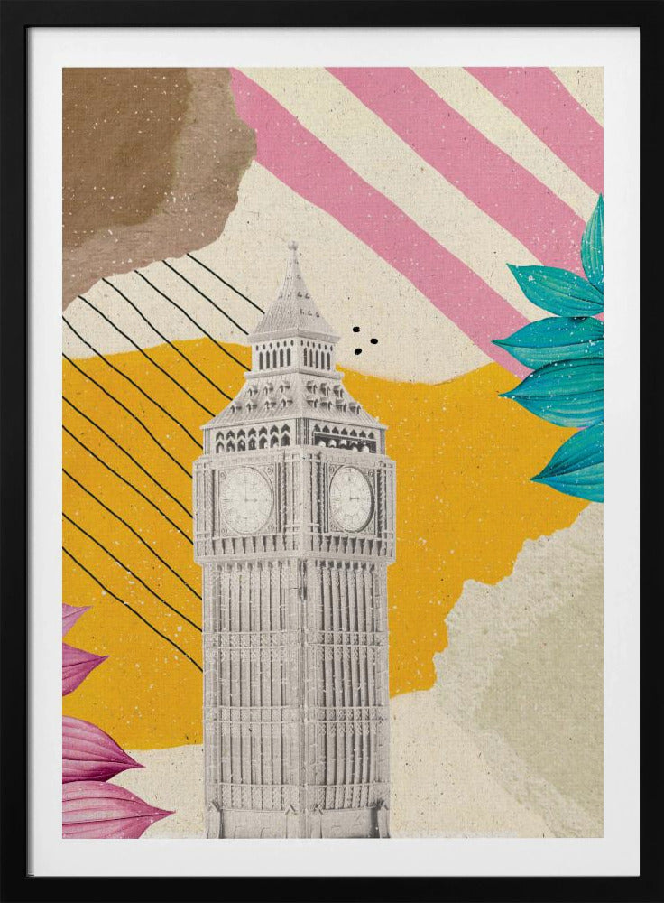 A modern art collage featuring a black and white cutout of London's Big Ben clock tower. The background is a mix of textures and patterns, including a mustard yellow section with black lines, pink and white diagonal stripes, and torn paper effects in brown and off-white. The composition is embellished with vibrant teal and pink leaves. Poster