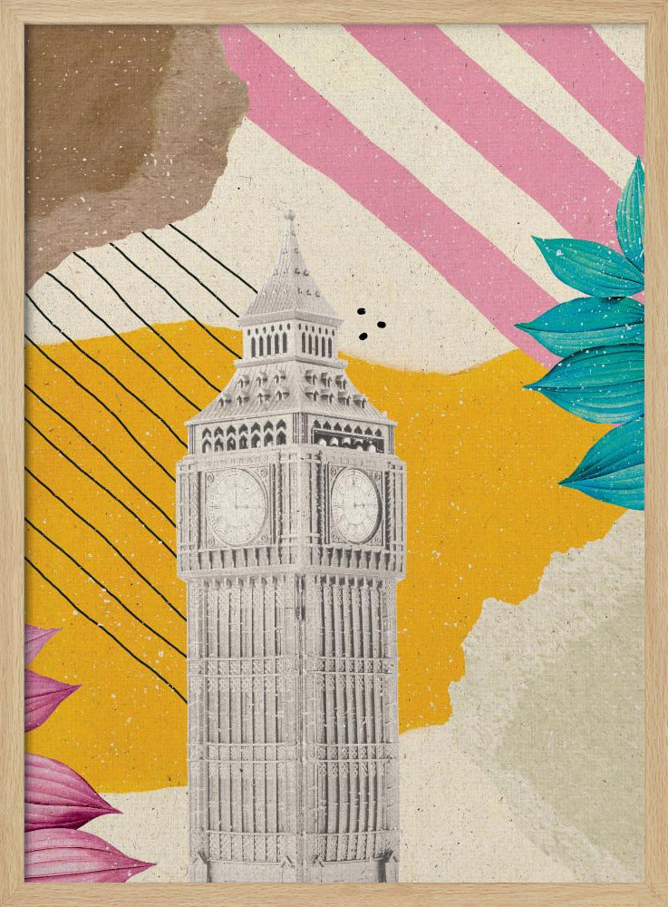 A modern art collage featuring a black and white cutout of London's Big Ben clock tower. The background is a mix of textures and patterns, including a mustard yellow section with black lines, pink and white diagonal stripes, and torn paper effects in brown and off-white. The composition is embellished with vibrant teal and pink leaves. Poster