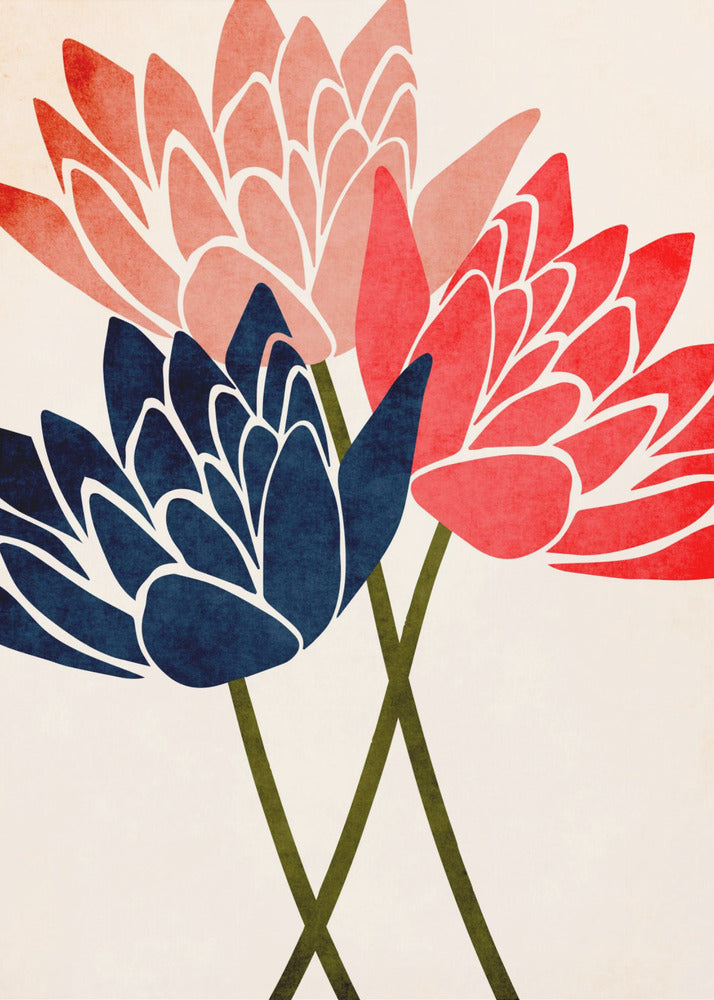 A modern graphic art print of three stylized flowers in navy blue, coral red, and salmon pink against a textured off-white background, all enclosed in a thin black frame. The flower petals have white outlines, and their dark green stems cross at the bottom. Artwork