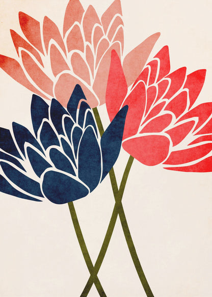 A modern graphic art print of three stylized flowers in navy blue, coral red, and salmon pink against a textured off-white background, all enclosed in a thin black frame. The flower petals have white outlines, and their dark green stems cross at the bottom. Artwork