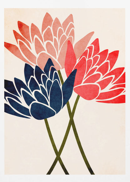 A modern graphic art print of three stylized flowers in navy blue, coral red, and salmon pink against a textured off-white background, all enclosed in a thin black frame. The flower petals have white outlines, and their dark green stems cross at the bottom. Artwork