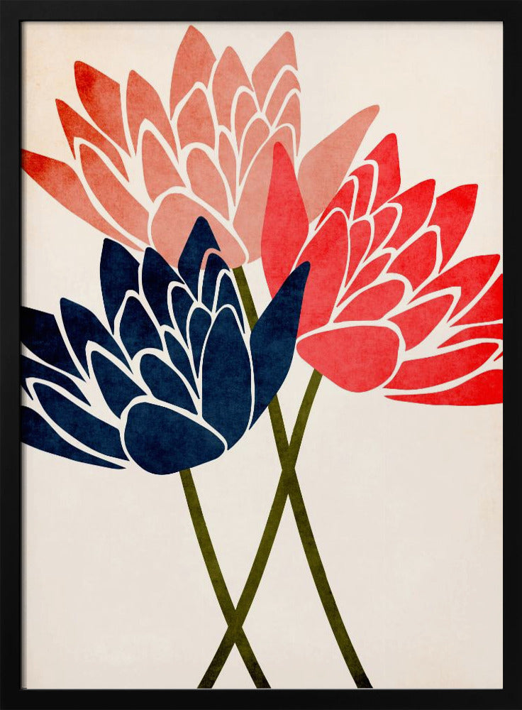 A modern graphic art print of three stylized flowers in navy blue, coral red, and salmon pink against a textured off-white background, all enclosed in a thin black frame. The flower petals have white outlines, and their dark green stems cross at the bottom. Artwork