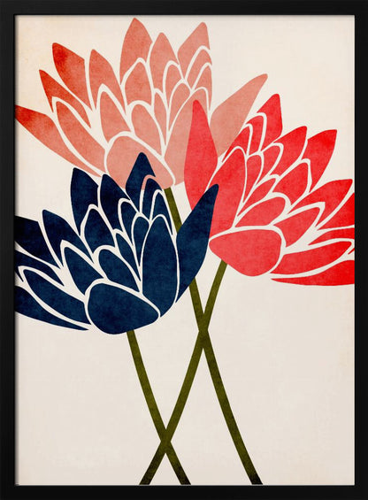 A modern graphic art print of three stylized flowers in navy blue, coral red, and salmon pink against a textured off-white background, all enclosed in a thin black frame. The flower petals have white outlines, and their dark green stems cross at the bottom. Artwork