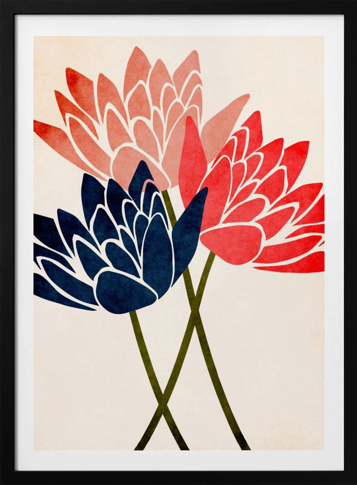 A modern graphic art print of three stylized flowers in navy blue, coral red, and salmon pink against a textured off-white background, all enclosed in a thin black frame. The flower petals have white outlines, and their dark green stems cross at the bottom. Artwork