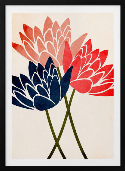 A modern graphic art print of three stylized flowers in navy blue, coral red, and salmon pink against a textured off-white background, all enclosed in a thin black frame. The flower petals have white outlines, and their dark green stems cross at the bottom. Artwork