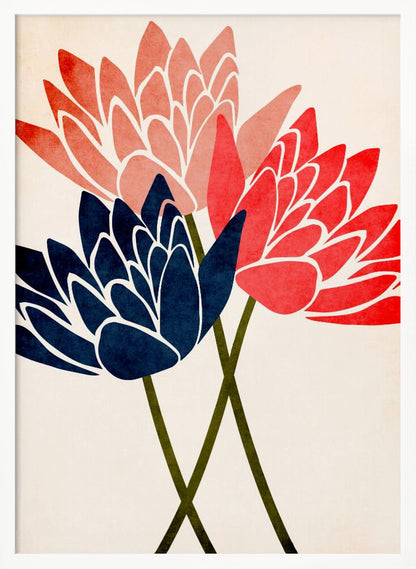 A modern graphic art print of three stylized flowers in navy blue, coral red, and salmon pink against a textured off-white background, all enclosed in a thin black frame. The flower petals have white outlines, and their dark green stems cross at the bottom. Artwork