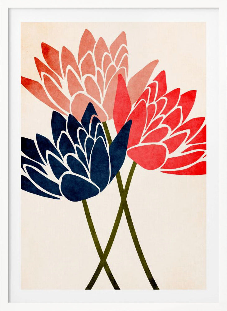 A modern graphic art print of three stylized flowers in navy blue, coral red, and salmon pink against a textured off-white background, all enclosed in a thin black frame. The flower petals have white outlines, and their dark green stems cross at the bottom. Artwork