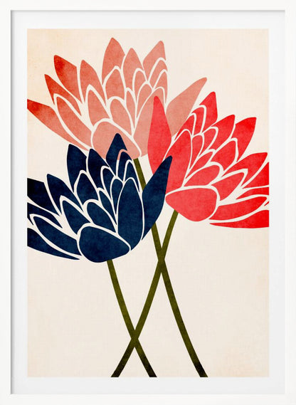 A modern graphic art print of three stylized flowers in navy blue, coral red, and salmon pink against a textured off-white background, all enclosed in a thin black frame. The flower petals have white outlines, and their dark green stems cross at the bottom. Artwork