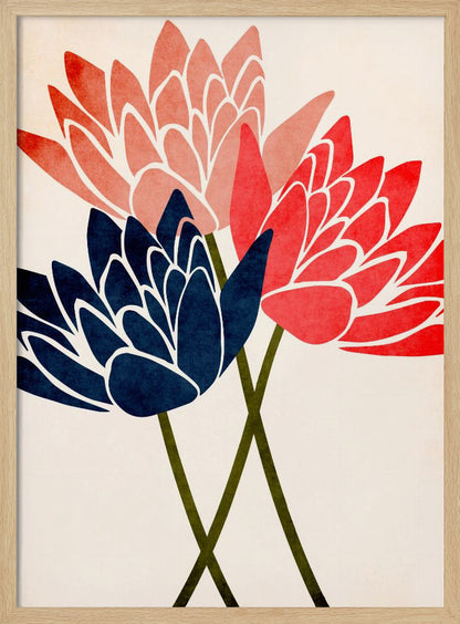 A modern graphic art print of three stylized flowers in navy blue, coral red, and salmon pink against a textured off-white background, all enclosed in a thin black frame. The flower petals have white outlines, and their dark green stems cross at the bottom. Artwork