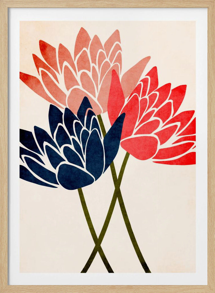 A modern graphic art print of three stylized flowers in navy blue, coral red, and salmon pink against a textured off-white background, all enclosed in a thin black frame. The flower petals have white outlines, and their dark green stems cross at the bottom. Artwork