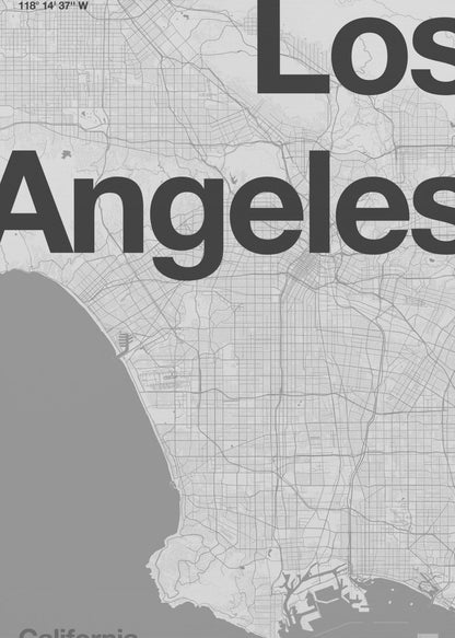 A minimalist black and white framed map of Los Angeles. The poster features a detailed street grid of the city and its coastline. The words 'Los Angeles' are overlaid in a large, bold, black sans-serif font. In the top-left corner are the coordinates, and in the bottom-left is the word 'California'. Decor