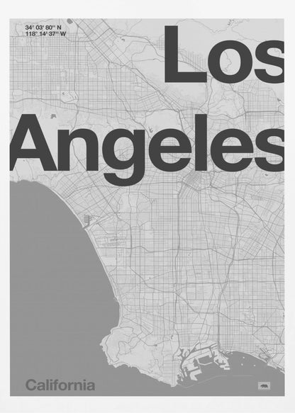 A minimalist black and white framed map of Los Angeles. The poster features a detailed street grid of the city and its coastline. The words 'Los Angeles' are overlaid in a large, bold, black sans-serif font. In the top-left corner are the coordinates, and in the bottom-left is the word 'California'. Decor