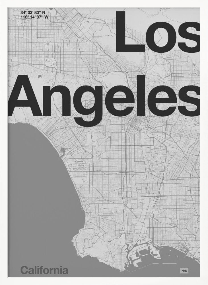 A minimalist black and white framed map of Los Angeles. The poster features a detailed street grid of the city and its coastline. The words 'Los Angeles' are overlaid in a large, bold, black sans-serif font. In the top-left corner are the coordinates, and in the bottom-left is the word 'California'. Decor