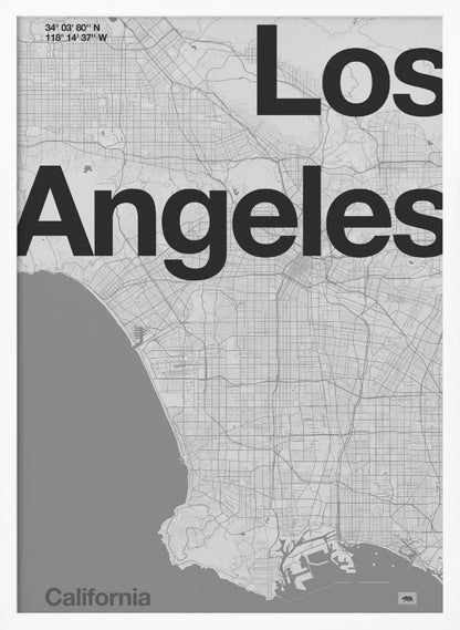 A minimalist black and white framed map of Los Angeles. The poster features a detailed street grid of the city and its coastline. The words 'Los Angeles' are overlaid in a large, bold, black sans-serif font. In the top-left corner are the coordinates, and in the bottom-left is the word 'California'. Decor