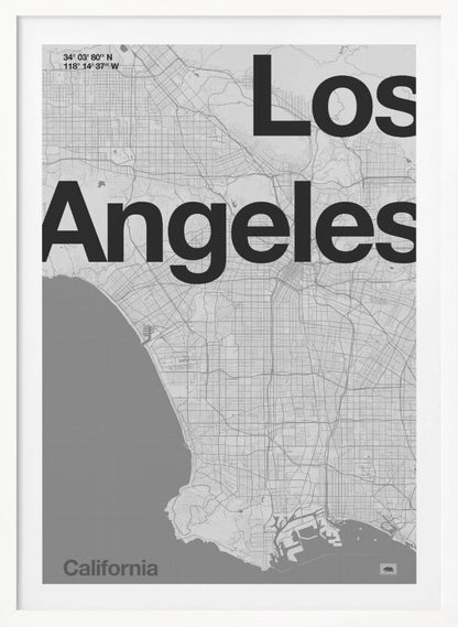 A minimalist black and white framed map of Los Angeles. The poster features a detailed street grid of the city and its coastline. The words 'Los Angeles' are overlaid in a large, bold, black sans-serif font. In the top-left corner are the coordinates, and in the bottom-left is the word 'California'. Decor